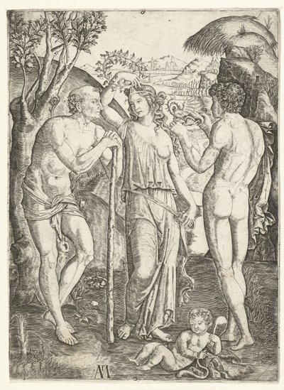 Ung kvinne med krans av blader som står mellom gammel mann som lener seg på pinne og ung mann med drage og barn av Marcantonio Raimondi