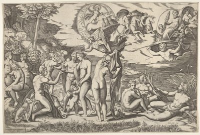 Paris-dommen: Paris strekker ut hånden mot Venus, som står mellom Juno og..., ca. 1520-50. av Marcantonio Raimondi