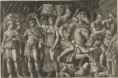 Keiser Trajan kronet av Victoria står ved siden av kvinnelig personifisering av Roma og romerne som kjemper mot daciere av Marcantonio Raimondi