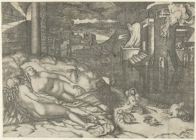 Landskap med to nakne sovende kvinner og fantasidyr på en bank nær vann med en brennende bygning Drøm om Raphael av Marcantonio Raimondi