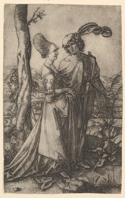 Herre og dame går med dødsfigur gjemmer seg bak et tre, holder en time..., ca. 1500-1534. av Marcantonio Raimondi