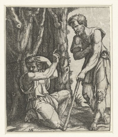 Mannen kneler og snur seg bort fra tigger i skogkanten av Marcantonio Raimondi