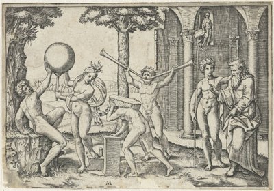 Mann med to trompeter og mann med stein på ryggen flankert av mann og kvinne med jordklode og gammel og ung mann av Marcantonio Raimondi