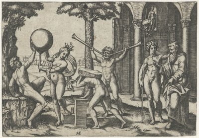 Mann med to trompeter og mann med stein på ryggen flankert av mann og kvinne med jordklode og gammel og ung mann av Marcantonio Raimondi