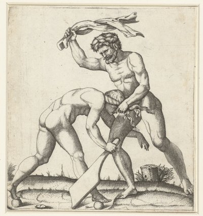 Mann som kjemper mot kvinne som personifisering av Fortune (Fortuna) av Marcantonio Raimondi