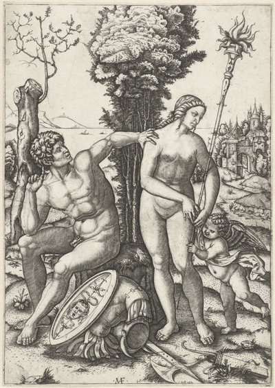 Mars og Vensu som et kjærlighetspar med Amor av Marcantonio Raimondi