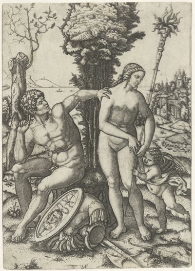 Mars og Venus som et par forelsket i Amor av Marcantonio Raimondi
