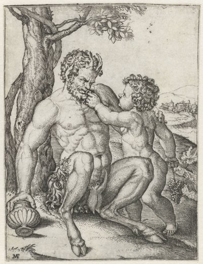 Panne med drikkebeger og Bacchus som barn med drue av Marcantonio Raimondi