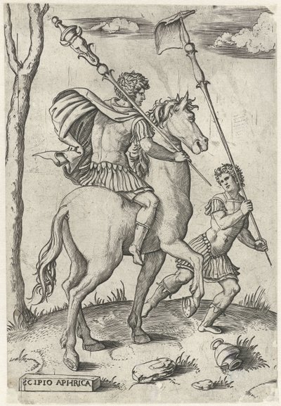 Romerske generaler Scipio Africanus Maior til hest og Scipio Africanus Minor Romerske helter på hesteryggen (serietittel) av Marcantonio Raimondi