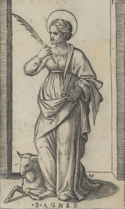 Saint Agnes står og holder en håndflate i høyre hånd, en sau nede til venstre, fra..., ca. 1500-1527. av Marcantonio Raimondi