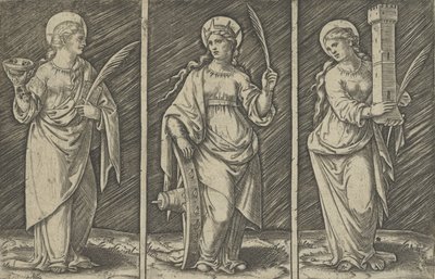 Saint Barbara venstre, Saint Catherine, sentrum, Saint Lucy til høyre, ca. 1500-1527., ca. 1500-1527. av Marcantonio Raimondi