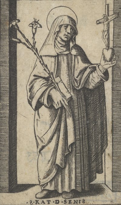 Den hellige Katarina av Siena står og holder blomster og bok i høyre hånd, en h..., ca. 1500-1527. av Marcantonio Raimondi