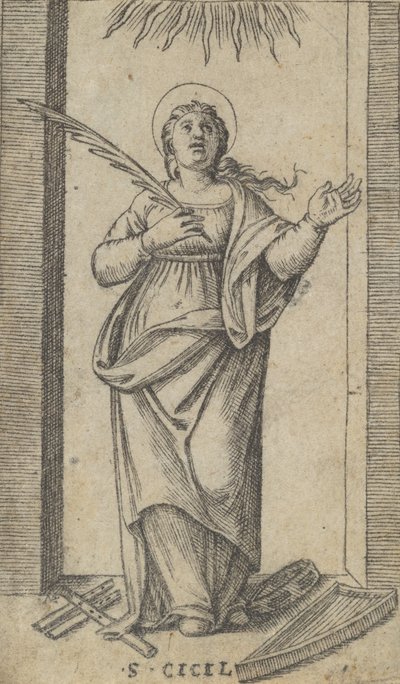 Den hellige Cecilia står og holder en martyrpalme i høyre hånd, fra se..., ca. 1500-1527. av Marcantonio Raimondi