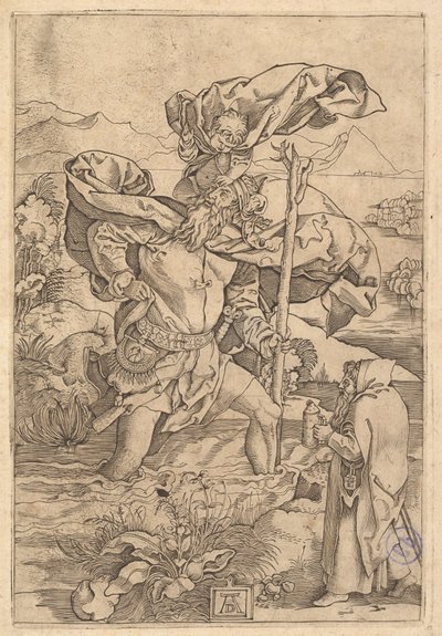 Saint Christopher krysser elven med Kristus i form av en putto på hans sh..., ca. 1500-1534. av Marcantonio Raimondi