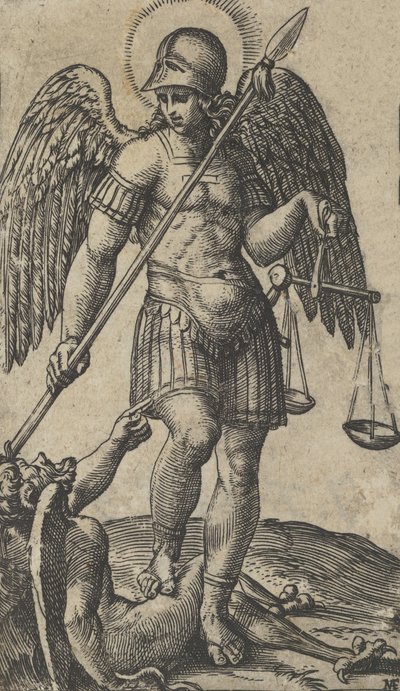 Saint Michael holder vekter og en lanse, en demon under seg, fra serien 