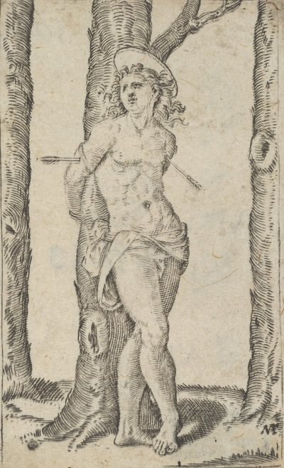 Saint Sebastian bundet til tre gjennomboret med piler, fra serien 'Piccoli Santi'..., ca. 1500-1527. av Marcantonio Raimondi