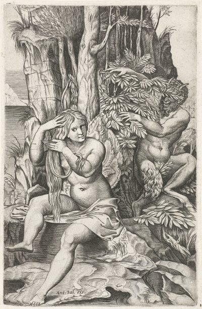Satyr ser på en nymfe under toalettet hennes Pan og Syrinx av Marcantonio Raimondi