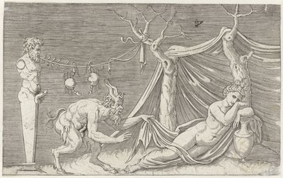 Satyr forfølger en sovende nymfe Mytologiske representasjoner etter eldgamle basrelieffer (serietittel) av Marcantonio Raimondi