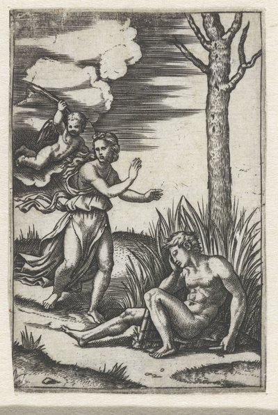 Sovende mann og nymfe jaget av Amor av Marcantonio Raimondi