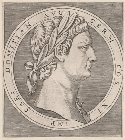 Mirror of Roman Magnificence: Domitian, fra The Twelve Caesars, ca. 1500-1534., ca. 1500-1534. av Marcantonio Raimondi