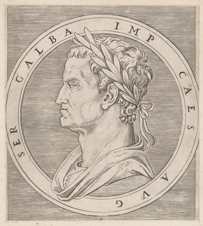 Mirror of Roman Magnificence: Galba, fra The Twelve Caesars, ca. 1500-1534., ca. 1500-1534. av Marcantonio Raimondi