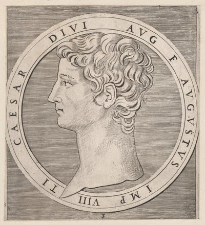Mirror of Roman Magnificence: Tiberius, fra The Twelve Caesars, ca. 1500-1534., ca. 1500-1534. av Marcantonio Raimondi