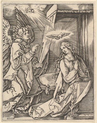 Bebudelsen, til venstre nærmer erkeengelen Gabriel seg til den bedende jomfru..., ca. 1500-1534. av Marcantonio Raimondi