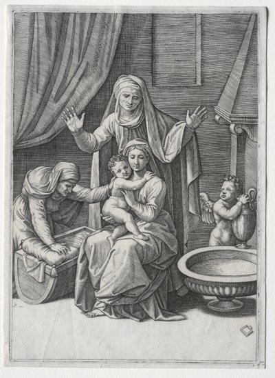 Jomfruen og vuggen med den hellige Elisabeth og den hellige Anne av Marcantonio Raimondi
