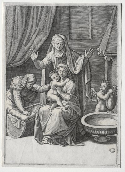Jomfruen og vuggen med den hellige Elisabeth og den hellige Anne, 1520. av Marcantonio Raimondi