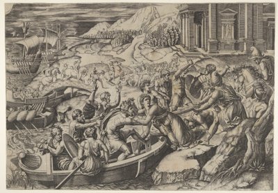Bortføringen av Helen, kampscene på en kysten med to menn som trekker Helen inn i en b..., ca. 1520-27. av Marcantonio Raimondi