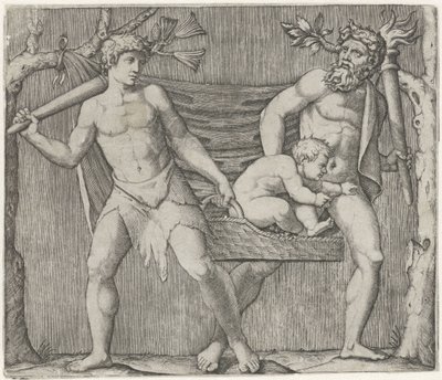 To fauner bærer et barn i en kurv av Marcantonio Raimondi