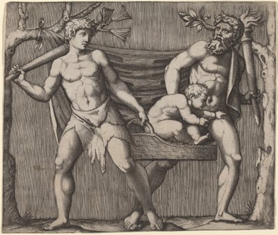 To fauner som bærer et barn av Marcantonio Raimondi