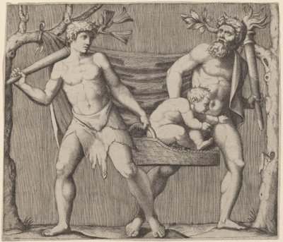 To fauner som bærer et barn av Marcantonio Raimondi