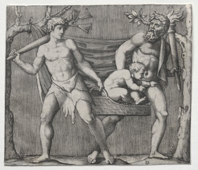 To fauner som bærer et barn i en kurv av Marcantonio Raimondi