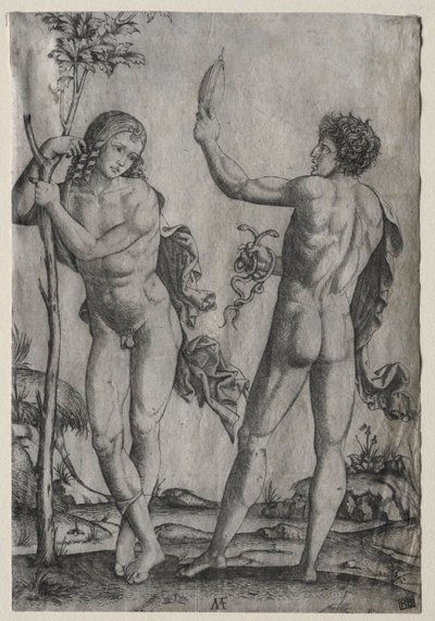 To nakne menn ved siden av et tre av Marcantonio Raimondi
