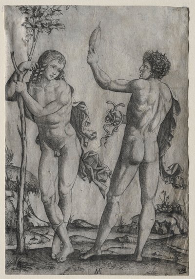 To nakne menn ved siden av et tre. av Marcantonio Raimondi