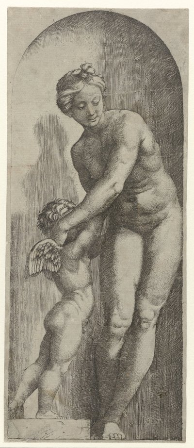 Venus og Amor står i nisje av Marcantonio Raimondi