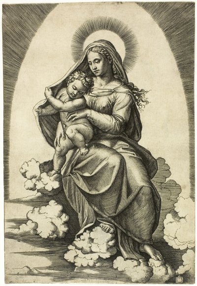 Jomfru og barn sitter på skyer av Marcantonio Raimondi
