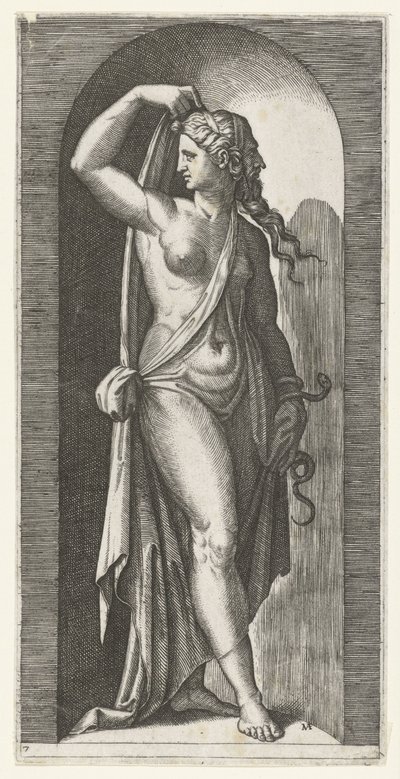 Kvinne som personifisering av Prudentia med slange og maske Seven Virtues (serietittel) av Marcantonio Raimondi
