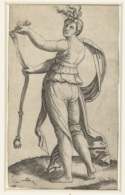 Kvinne med hestehodelag som personifisering av Temperance (Temperantia) av Marcantonio Raimondi