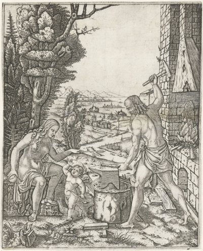 Vulcan smir piler og vinger for Amor i nærvær av Venus av Marcantonio Raimondi