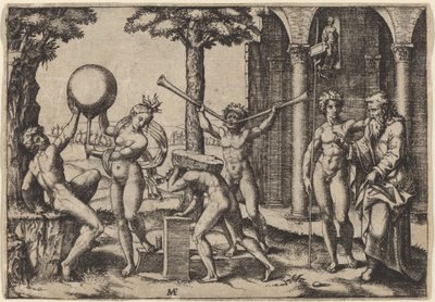 Mannen med to trompeter av Marcantonio Raimondi after Baccio Bandinelli