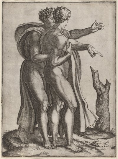To nakne menn av Marcantonio Raimondi after Michelangelo