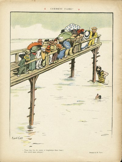 Illustrasjon av Marcel Capy (1865-1941) i Le Lire, 24.08.12 - Hvordan gjøre det? - Fritid, Arkitektur Byplanlegging, Marine Marine Seaside, Svømming Svømming Svømming, Folkemengde av Marcel Amable O.L. Capy