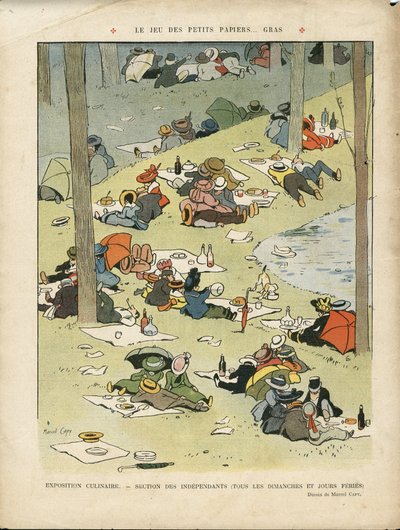 Illustrasjon av Marcel Capy (1865-1941) i Le Lire, 28/05/10 - Spillet med små fete papirer - Hobbyer, piknik, gastronomisk kokk av Marcel Amable O.L. Capy