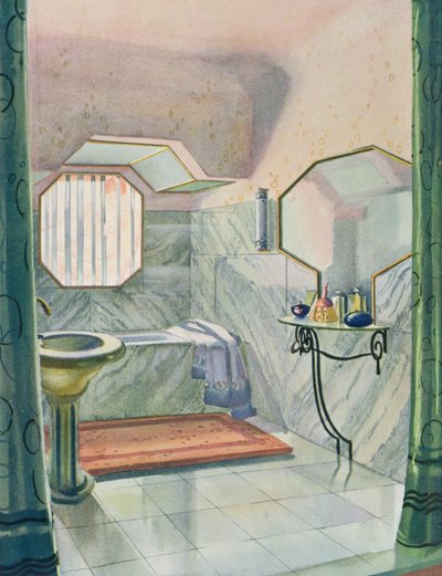 Bad designet av Marcel Dalmas, fra 'Interieurs en Couleurs', utgitt 1925 (farge litho) av Marcel Dalmas