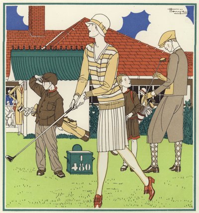 Første utslagssted, overfor klubbhuset på Le Touquet (fargelitografi) av Marcel-Jacques Hemjik