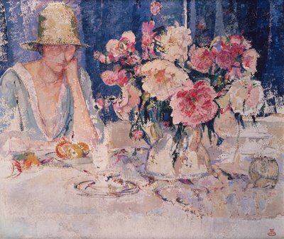 Kvinne ved bordet lastet med blomster (olje på lerret) av Marcel Jefferys