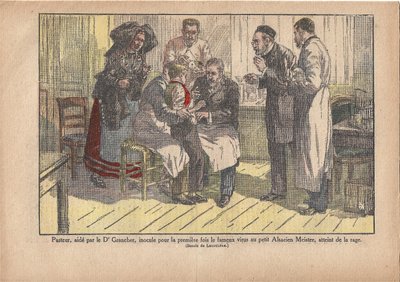 Pasteur, assistert av Dr. Grancher, inokulerte det berømte viruset for første gang i den lille Alsace-mesteren, infisert med rabies., Le Pèlerin, 5/11/1922 (trykk) av Marcel Lecoultre