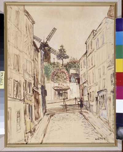 Le Moulin de la Galette: utsikt over den berømte kabareten i Montmartre. Olje på lerret Marouflee av Marcel Leprin (1891-1933). Obligatorisk omtale: Regards de Provence foundation collection, Marseille av Marcel Leprin